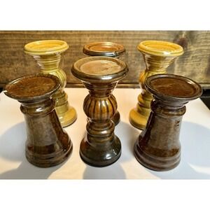 Rustic Ceramic Pillar Candle Holders Set of 6 – Brown & Yellow Drip Glaze